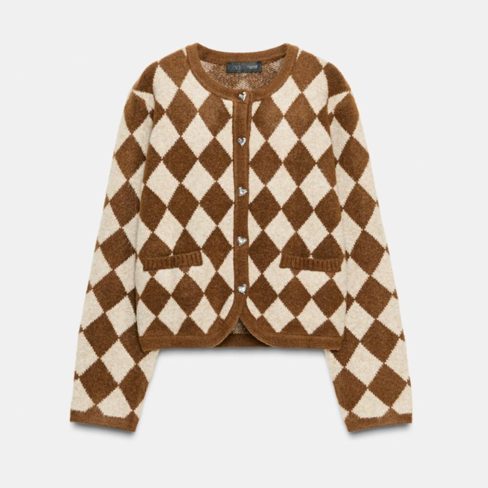 Zara Jacquard Argyle Cardigan Brown Ecru Heart Buttons- Size Small